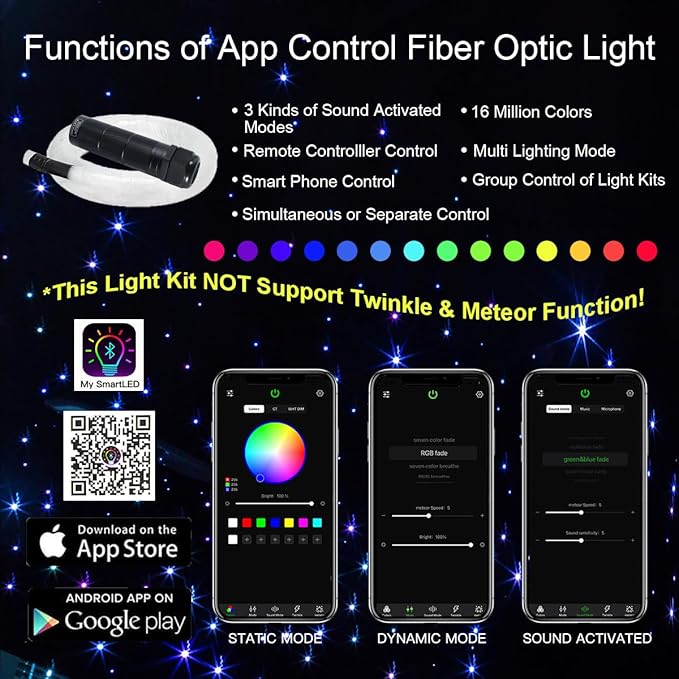 AKEPO 6W Mini Size Music Sync Fiber Optic Starlight Headliner Lights Kit, 295pcs Mixed Size Fibers(0.75+1+1.5mm) 9.8ft/3m App/28key Remote Control Star Ceiling Light Kit