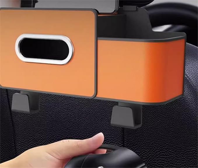 Car Organizers and Storage Box Behind Seat, Car Organizer Back of Seat, 4 in 1 Multifunctional Cars Organizer, For Snacks, Drinks, Bag Hook, Keep Tidy & Organized (White+Orange)