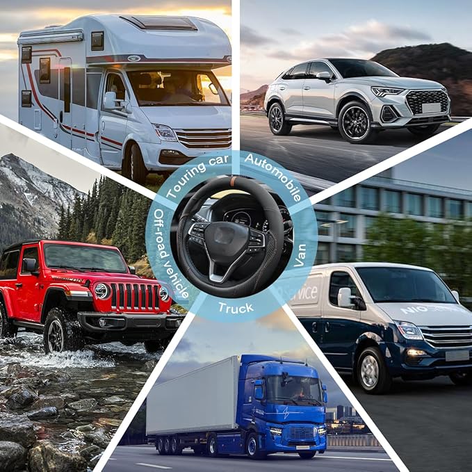 Mandark Car Steering Wheel Cover, 15 Inchs Microfiber Leather Non-Slip Vehicle Steering Wheel Protector, Breathable Auto Interior Protection Accessories, Universal for SUV Sedan Truck (Black/Orange)