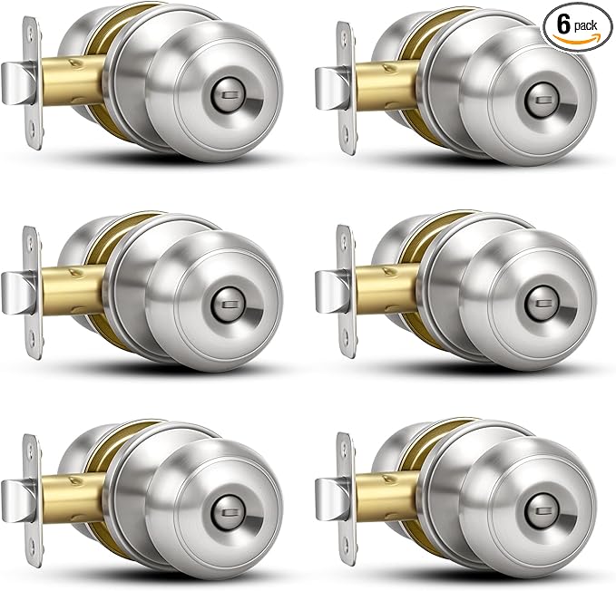 Plustool 6 Pack Brushed Nickel Door Knobs,Privacy Door Knob with Lock, Interior Doorknobs Silver, Keyless Door Locks Set for Bedrooms Bathrooms, Reversible for Left/Right Door Handle