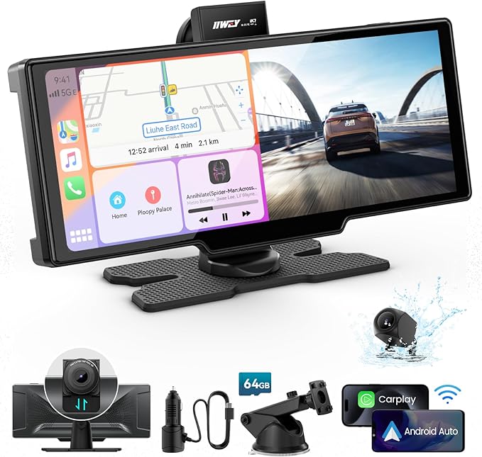 Portable Apple Carplay Screen, 10’’ Car Stereo Wireless Car Play & Android Auto Touch Screen, 4K Dash Cam, 1080P Backup Camera, Mirror Link/Voice Control/Music Play/GPS Navigation