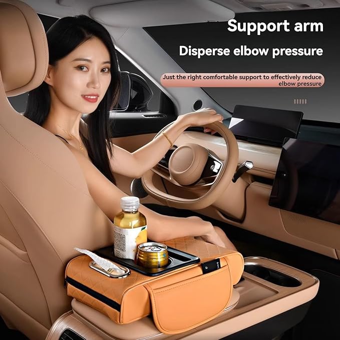 Multifunctional Pu Leather Car Armrest Box Mat, 5-In-1Multifunctional Car Armrest Cushion, Car Arm Rest Cover Pad, Center Console Organizer with Cup Holder, Tissue Box & Phone Slot (Beige)