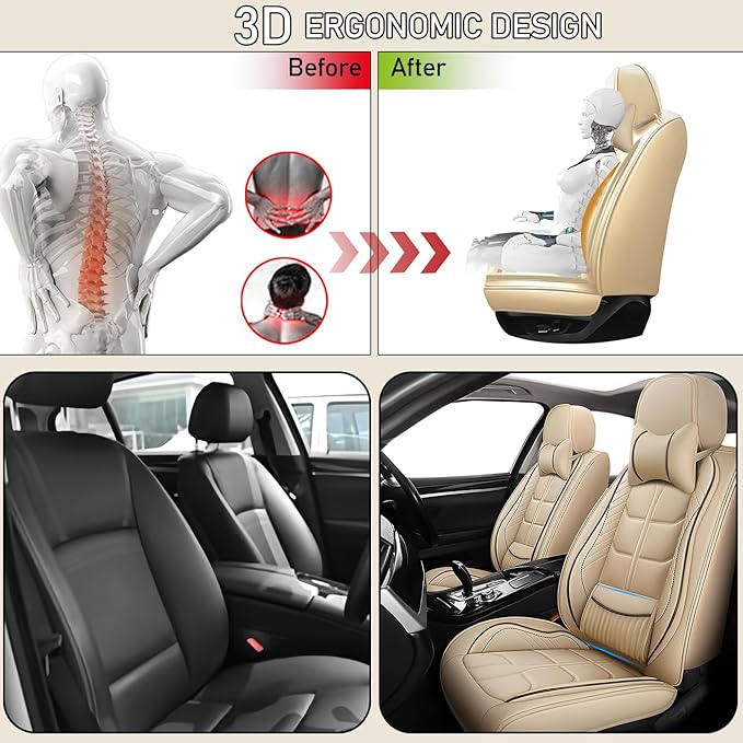 Leather Car Seat Covers Fit for Toyota Tundra 2000-2024, 5 Seater Car Seat Cover, Premium Waterproof, Scratch Resistant Car Interior Accessories (Full Set with Pillow Beige)