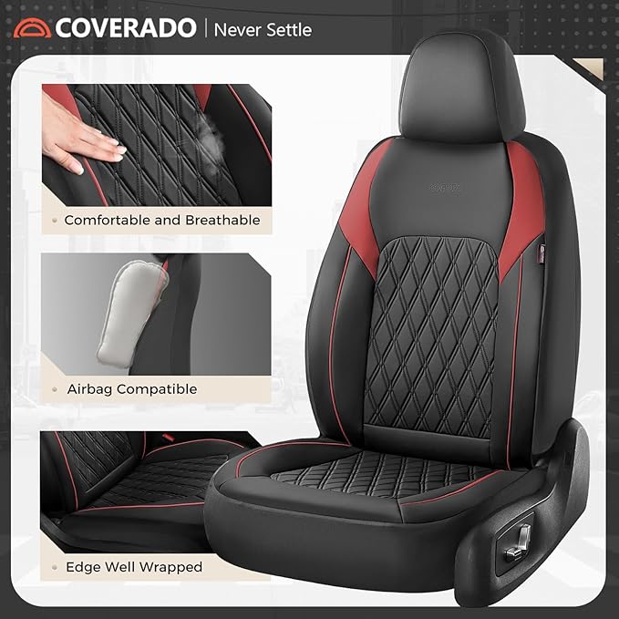 Coverado Car Seat Covers Full Set, Leather Seat Covers, Automotive Seat Covers for Cars, Car Seat Covers Front Seats Back, Car Seat Protector Car Seat Cushion Universal Fit Most Cars Trucks, Black&Red