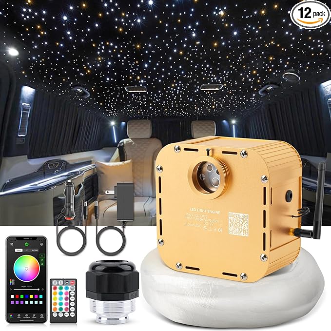 32W Twinkle Starlight Headliner Kit, 800pcs*0.03in*9.8ft LED Fiber Optic Lights Kit, Star Ceiling Light+10 Crystals+Adapter+Car Use Plug for Car Roof/Home with APP/Remote/Music Mode