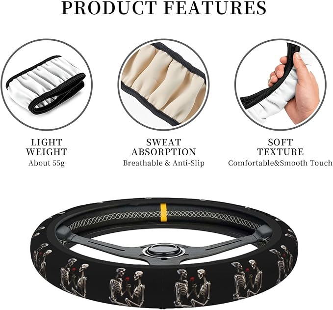 Skull Skeleton Red Rose Love Steering Wheel Cover Men, Comfortable Elastic Steering Car Wheel Cover Fit 15 inches Universal Accessories Suvs Trucks Decor