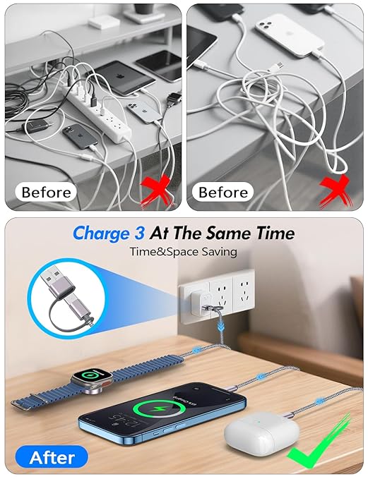 1Pack Multi Charging Cable Cord for Travel Essentials,Apple Watch Charger,iPhone Charger,[3-in-2] Type C/Lightning Cable Portable Designed for iWatch,iPhone 17-8,Galaxy S25-21,AirPods,iPad-1.5M Gray