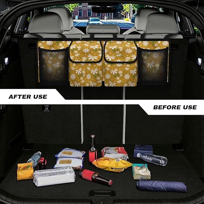 Yellow Daisy Prints Car Trunk Organizer Bag Car Back Seat Storage Bag with 4 Pockets Automotive Interior Accessories for SUV MPV Sedans Pickup Jeep Trucks