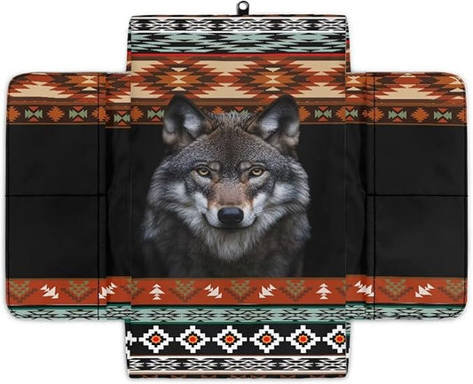 Wanyint Aztec Wolf Black Car Center Console Cover Scratch Resistant Armrest Seat Box Cover with Organizer Pockets Console Lid Protector Cushion Fit for Most Cars Vehicles SUVs