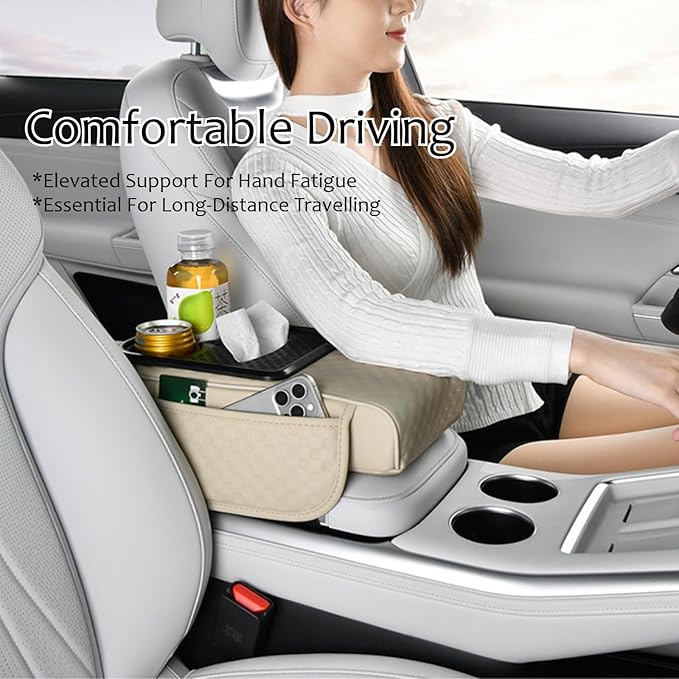 Car Center Console Armrest Pad, Arm Rest Box Cushion with Ergonomic Height Boost, Storage Pockets, Built-in Tissue Box, Cupholder, Fit for Most Sedan Vehicles (Embossing Checkerboard, Black)