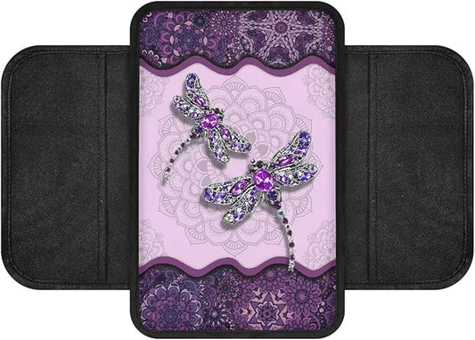 Boho Floral Dragonfly Print Car Center Console Cover Waterproof Vehicle Armrest Cover Pad with 2 Storage Bags Scratch-Resistant Car Armrest Cushion Car Accessories Interior Protection