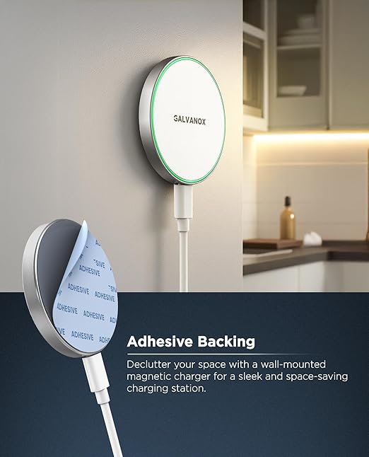 GALVANOX Compatible with MagSafe Wall Mounted Magnetic Wireless Charger (15W) Fast Charging, Stick-on Adhesive Design with Long Removable USB-C Cable (10Ft) White
