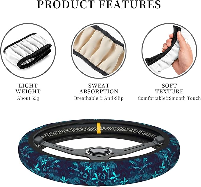 Polynesian Teal Tribal Leaf Floral Car Steering Wheel Cover for Women Men Stretch Cloth Anti-Slip Wrap Protector Case Fit Universal Auto Accessories Decor Sweat Absorption 14-15 Inch