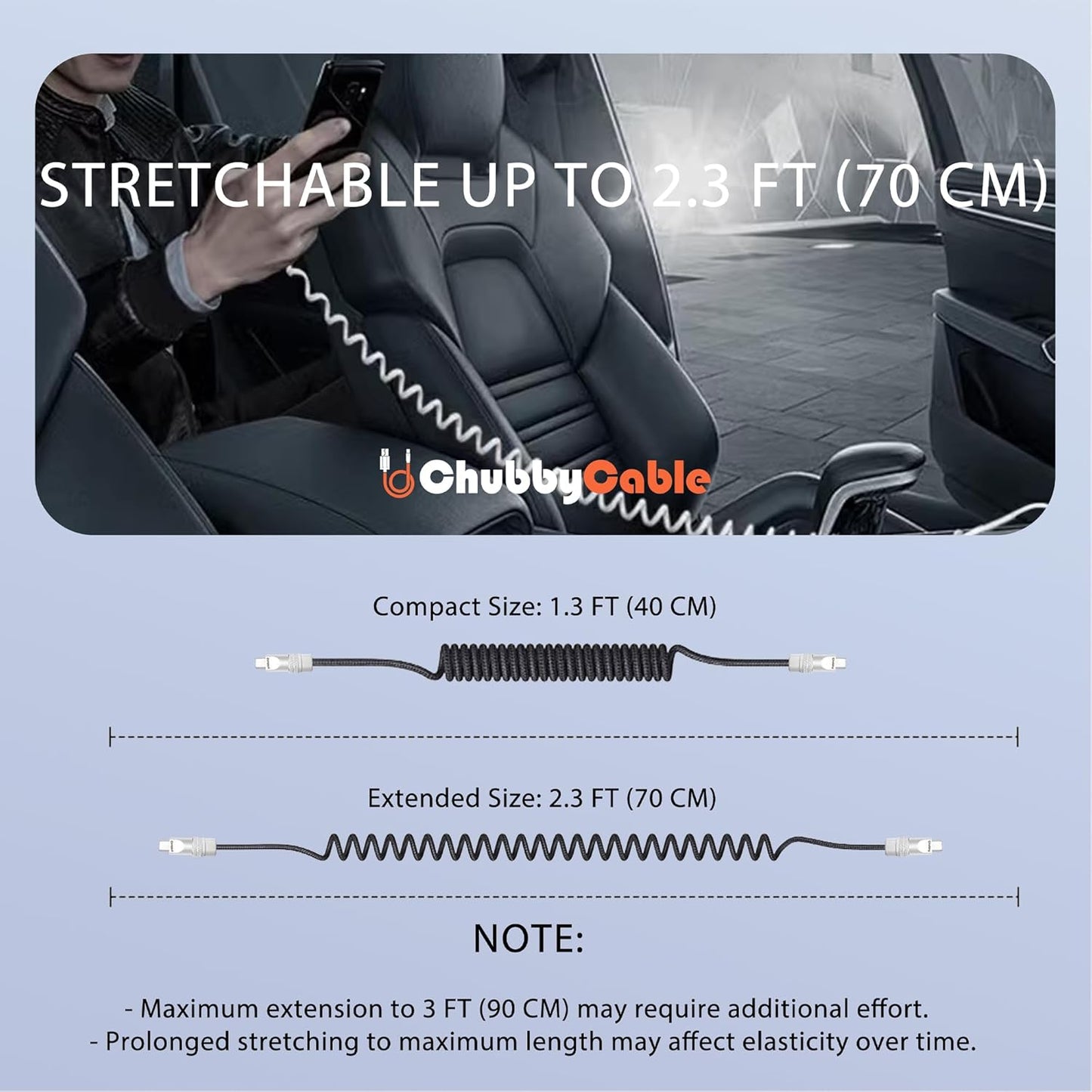 chubbycable Curly Chubby - Retractable Fast Charging Cable 240W Coiled Charger Cord for Car Durable USB-C Cable for Phones, Tablets and More, Yellow, USB-A to Type-C, 1.3FT-2.3FT