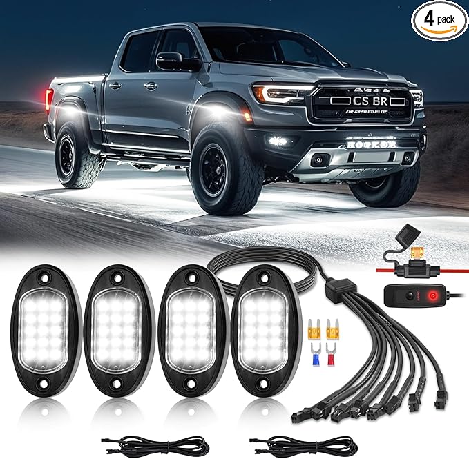 4 Pods White LED Rock Lights with Switch Extension Harness, 6000K 24 LEDs Pure White Neon Underglow Light for ATV SUV UTV RZR SXS Car Trailer Truck, IP67 Waterproof Under Trail Rig Fender Lighting