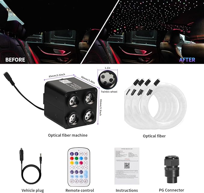 36W 4-Color RGBW Car Starlight Headliner Kit, 1400pcs0.03in13.1ft, Twinkle & Sound Activate 4-Port Fiber Optic Light Engine with Bluetooth APP&Remote Control, Star Lights for Car and Home