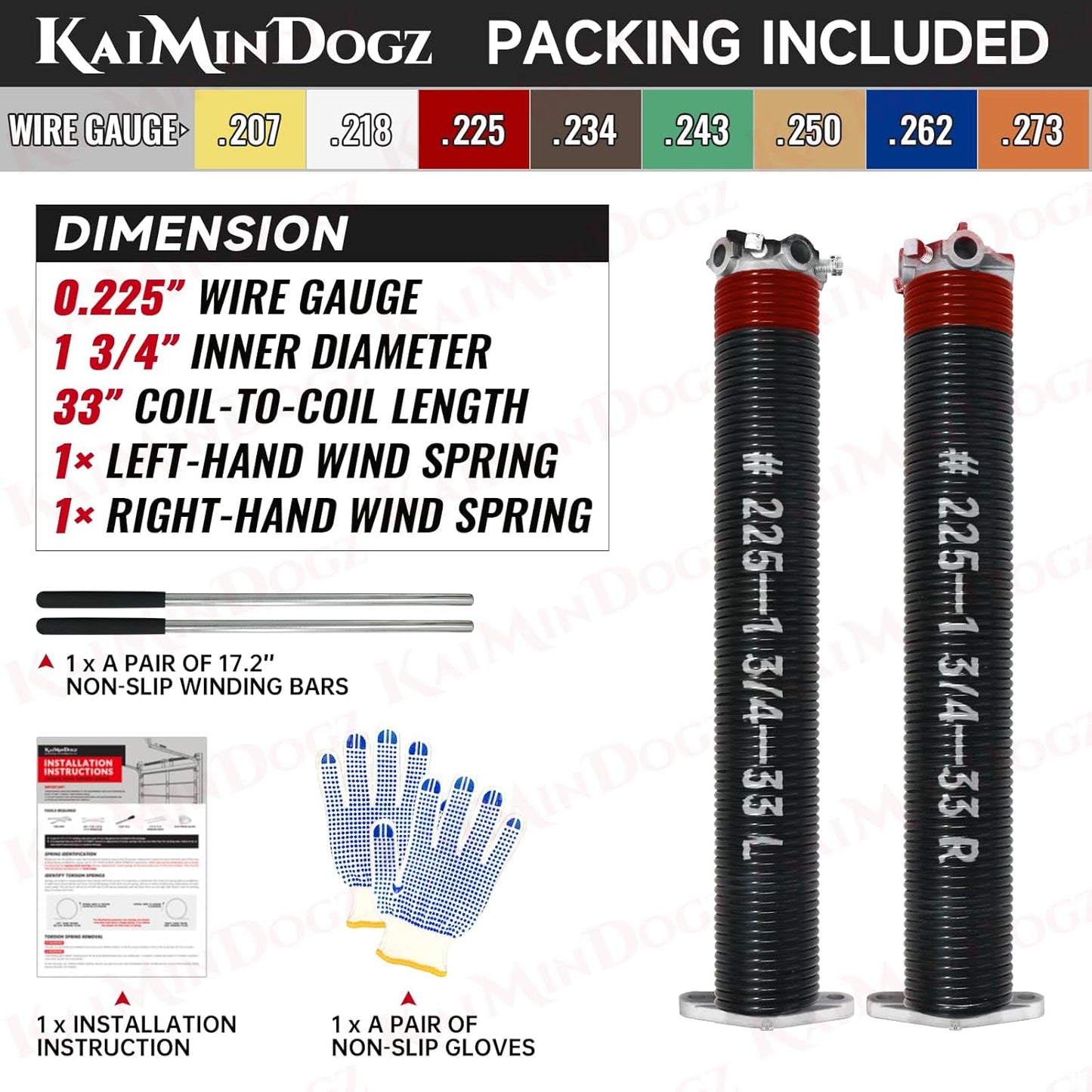 Pair of 1.75" Garage Door Torsion Springs Set with Non-Slip Winding Bars&Gloves, High Precision Electrophoresis Oil-Free Black Coated for Replacement, MIN 16,000 Cycles (0.225 x 1.75"x 33")