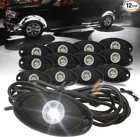 SUNPIE 12 Pods White Rock Lights – Quick Connect, 3 High Power Chips, 4M Extension Wires, Mounting Pads Included, 6000K Pure White, IP67 Waterproof, Fits Trucks, SUV, ATV, UTV, Trailer