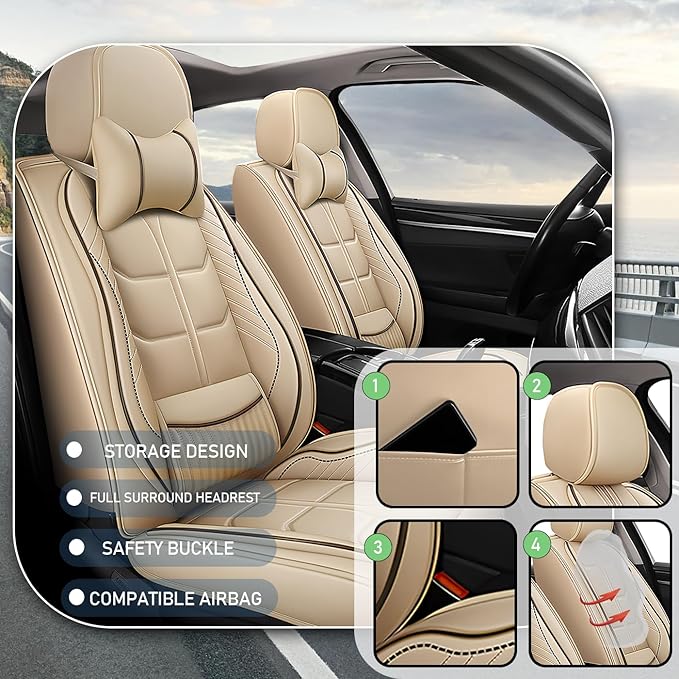 Leather Car Seat Covers Fit for Toyota Highlander 2001-2024, 5 Seater Car Seat Cover, Premium Waterproof, Scratch Resistant Car Interior Accessories (Full Set with Pillow Beige)