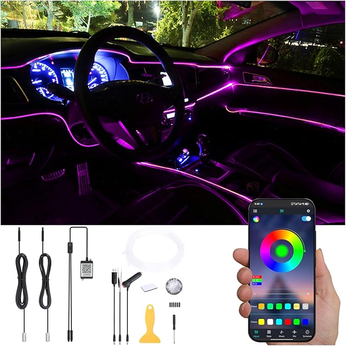 Car Interior Strip Lights, 2 in 1 Multicolor RGB Car Ambient Lighting Kit, 3m Fiber Optic EL Neon Tube Light, DIY Mode Music Sync APP Control DC 12V