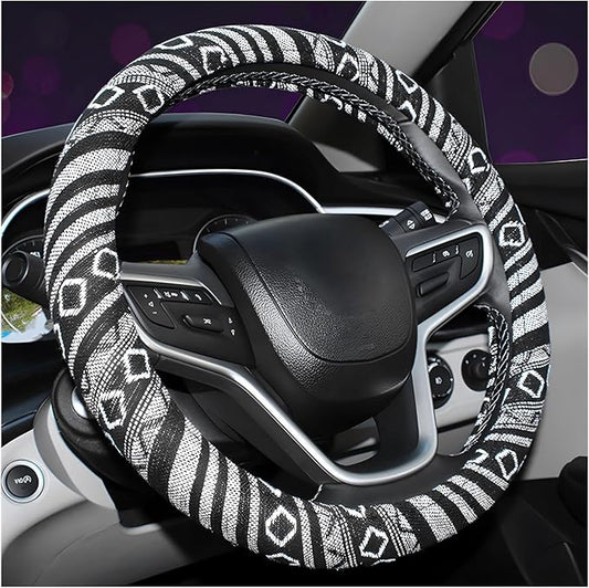 Boho Steering Wheel Cover, 15.0"×15.0" Anti-Slip Baja Blanket Ethnic Steering Wheel Protector, Breathable Flax Cloth Elastic Bohemian Steering Wheel Cover, Car Accessories (Style E)