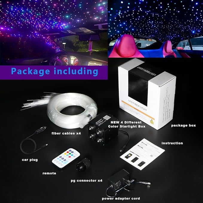 AZIMOM 4Port 36W Twinkle 1200pcs 0.03in 9.8ft Fiber Optic Starlight Headliner Kits 4Colors Light Source Sound Activated Remote APP Control Home Indoor Ceiling Car Headliner Decoration
