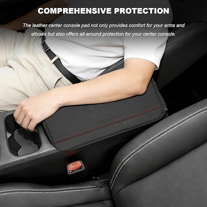 Car Armrest Storage Box Mat, Leather Embossing Auto Center Console Cushion Protective Pad, Anti-Scratch Waterproof Armrest Seat Box Protector for Most Cars Trucks SUVs (Black & Red)