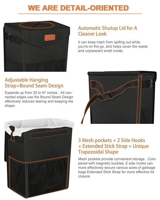 Pritent Car Trash Can with Lid, Cute Leakproof Car Trash Garbage Bag Hanging Vehicle Trash Bin Small Portable Automotive Garbage Cans Organizer for Back/Front Seat/Console(2.8 Gallons,Black)