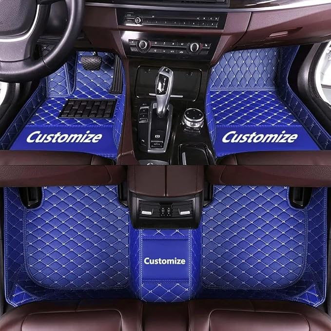 Customize Making Car Floor Mats for 99.99% Sedan SUV Pickup Truck Full Coverage Men Women Cute Leather Protection Pads Non-Slip Floor Liners (Blue Beige Thread)
