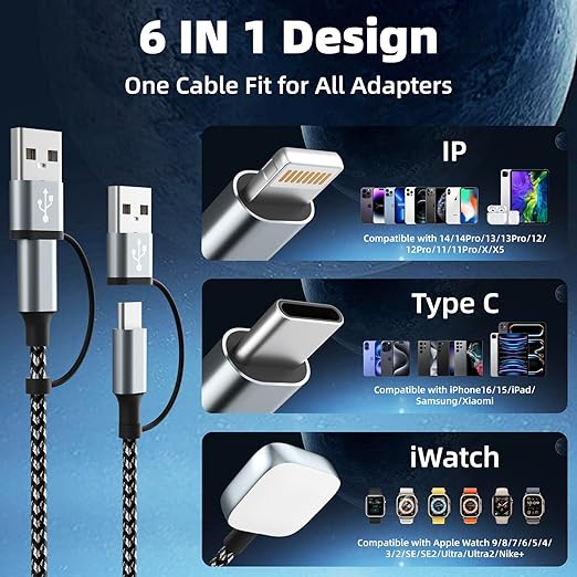 3 in 2 USB A/USB C Cable for Watch Charger, Multi Charging Cable iPhoe Charger Cord, Travel Charger for Multiple Devices Compatible with iWatch Ultra/SE/11-2, iPhone17-6, Pad, Android-5FT