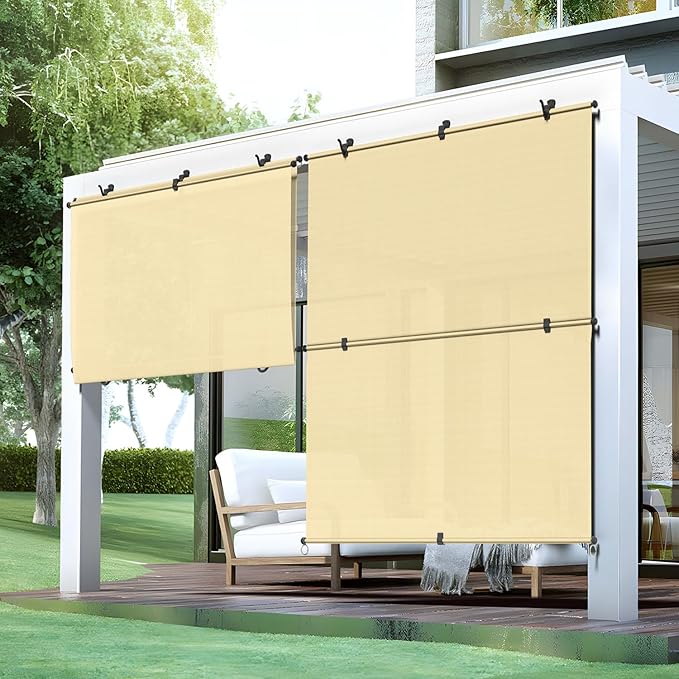 Bynbbur 6'W x 6.5'H Outdoor Patio Shades Foldable Roller Blinds, 220 GSM Sun Shade Roll Up Porch Screens Exterior Shade Cloth for Deck Pergola Backyard, Beige