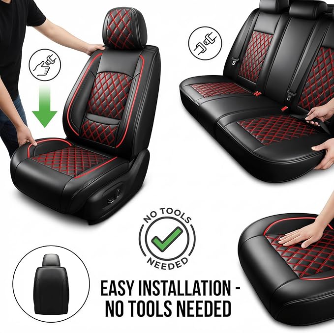 Santa Fe Seat Covers Custom Fit for Hyundai Santa Fe 2010-2026 (Only 5-Seat Version) - Full Set Premium Leather, Waterproof, All-Weather, Airbag Compatible, Only 2 Front seat Covers (Redline)