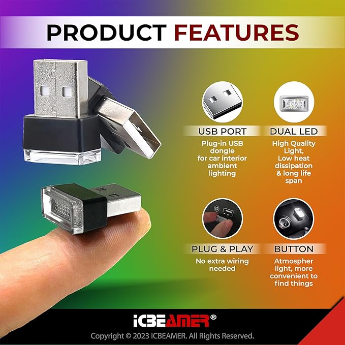 ICBEAMER USB Type-A LED Night Light 2-Pack (White) | Plug-in Universal Fit Automotive Accessory for Car Interior and Trunk Ambient Atmosphere Lighting