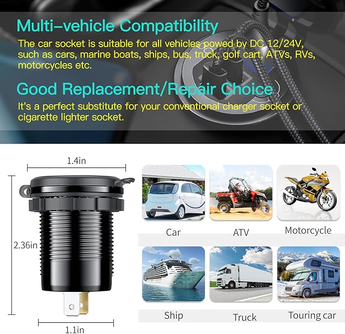 4 Port 12V USB Outlet Aluminum Car Charger with Voltmeter, 78W Fast Charge Dual PD3.0 & QC3.0 Multiple USB Port for Car, Marine USB C Socket Cigarette Lighter Replacement Waterproof 12 Volt Outlet