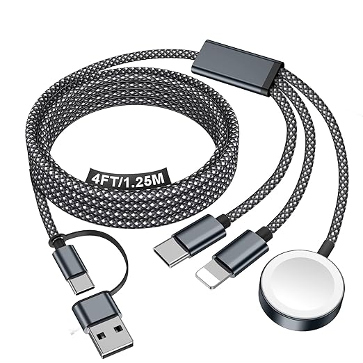 Travel Essentials for Apple Watch Charger,iPhone Charger,3 in 2 Type C/L/Magnetic Fast Charging Cable,Multi Charging Cable Portable Designed for iWatch Series,iPhone 17-11,Galaxy S26-S21,Car-4FT
