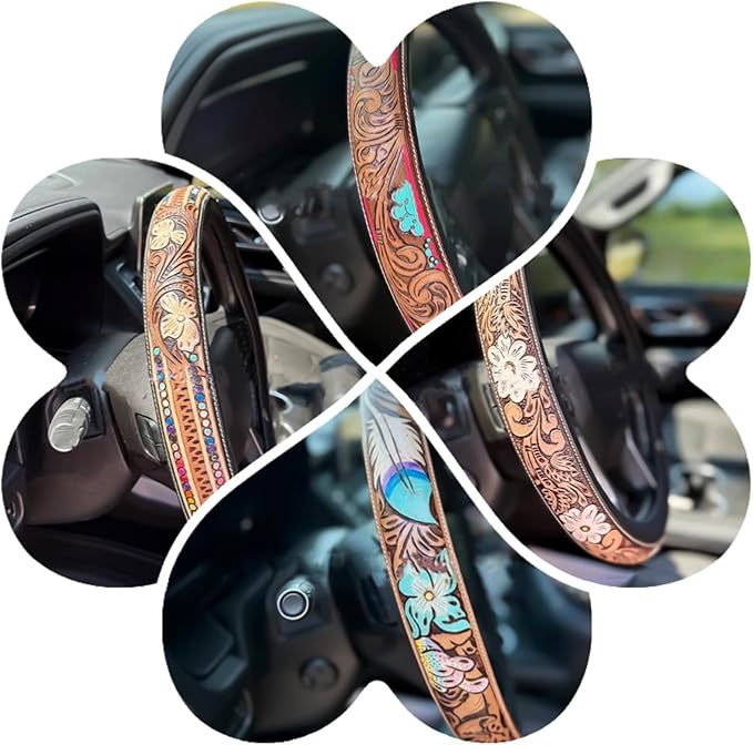 Retro Western Cowboy Car Universal Steering Wheel Cover, Embossed Handcrafted Tooled Leather Western,Anti Slip, Auto Interiors Accessories,Breathable for Trucks SUVs Cars (E)