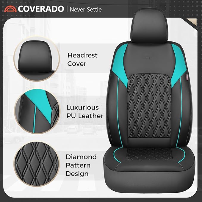 Coverado Seat Covers Full Set, Faux Leather Car Seat Covers for Cars, Waterproof Car Seat Cover, Universal Seat Covers, Car Seat Protector Car Seat Cushion Universal Fit Most Cars Trucks, Black&Blue