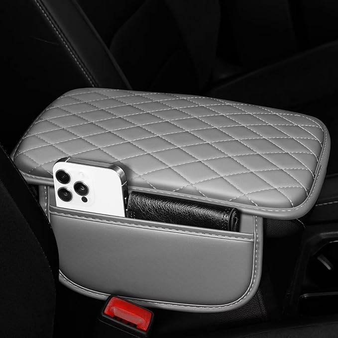 Upgraded Car Center Console Cover Fit for RAV4 Faux Leather Car Armrest Cover Cushion with 2 Storage Bags,Car Armrest Storage Box Interior Accessories(Grey&Whiteline)