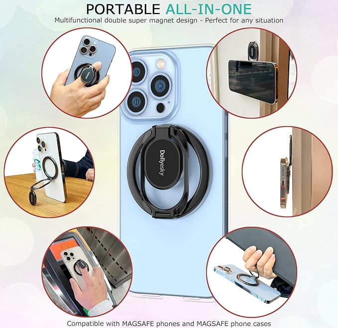Doflyesky Magnetic Phone Ring Holder, Double Adjustable Phone Grip and Stand Compatible with MagSafe Ring Holder, Compatible with PopSockets MagSafe Ring Removable for iPhone & Android Phone, Purple
