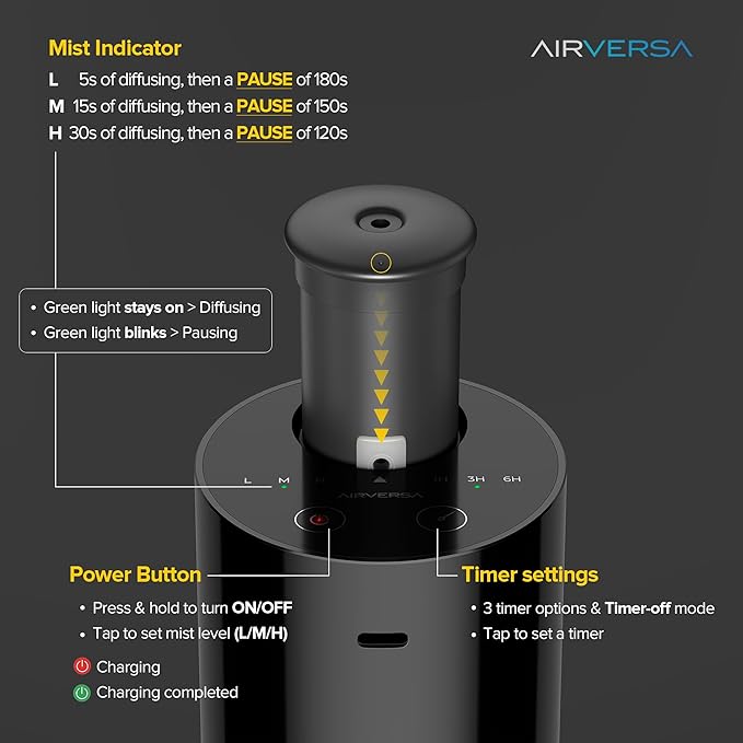 Airversa Waterless Essential Oil Diffuser Starter Kit with 30mL Hotel Fragrance Oil Inspired by BaCRT, Battery Operated Car Diffuser, Portable Aroma Nebulizer for Home Car Office, AN6Kit-C, Black