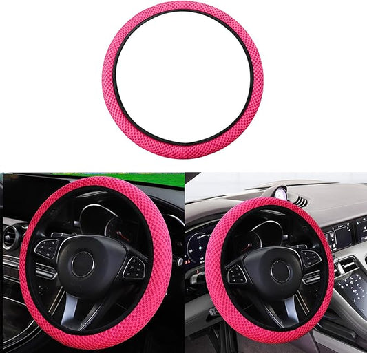 Elastic Stretch Car Steering Wheel Cover, Comfortable Steering Wheel Cover Universal for 14.5-15 Inch, Warm in Winter & Cool in Summer, Anti-Slip Breathable Ice Silk (Rose Red)