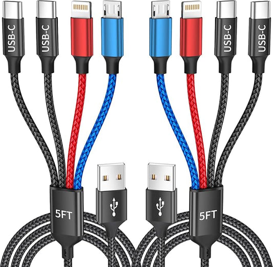 Dual Type-C 4 in 1 Multi Charging Cable for iPhone 17/ Galxy S26, Travel Cruise Essentials, USB Cable iPhone Charger Cord, Charging Cords for iPhone17-8/Androids/iPad and More, Car Charger (2Pack 5FT)