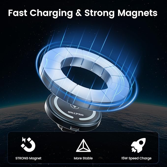 OHLPRO for iPhone 17 Pro Max MagSafe Car Charger Cup Holder Mount, 15W Fast Wireless Magnetic Charging Phone Holder for iPhone 16 15 14 13 Series, Adjustable Car Mount with Large Cup Base, Black