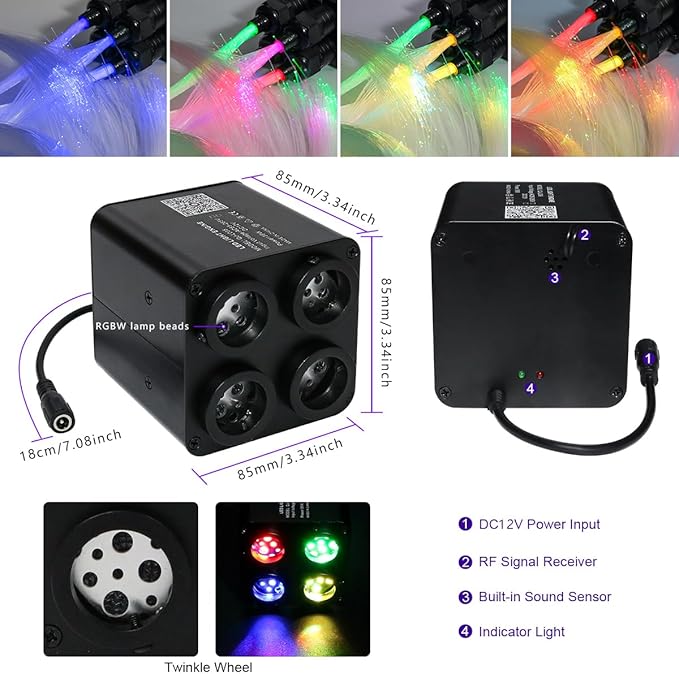 AZIMOM 4Port 36W Twinkle 1000pcs 0.03in 9.8ft Fiber Optic Starlight Headliner Kits 4Colors Light Source Sound Activated Remote APP Control Home Indoor Ceiling Car Headliner Decoration