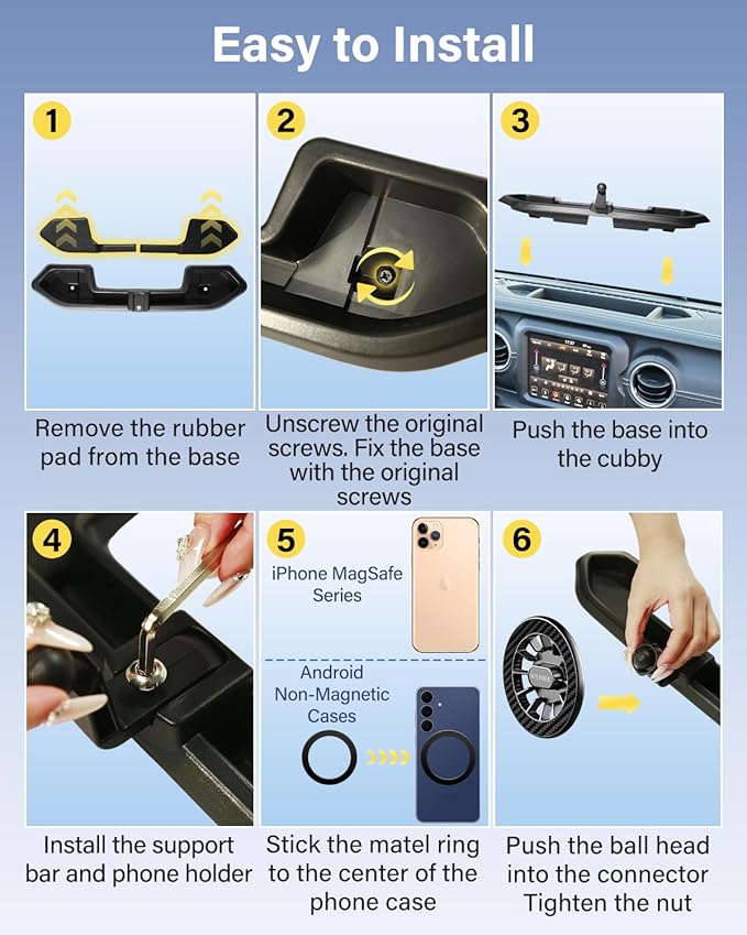 Car Phone Holder for Jeep Wrangler JL 4XE 2021 2022 2023 Accessories Automobile Cradles Magnetic Phone Mount Compatible with MagSafe, Strong Magnets Dashboard Mount Dash Tray (Not Fit 4X4/Gladiator)