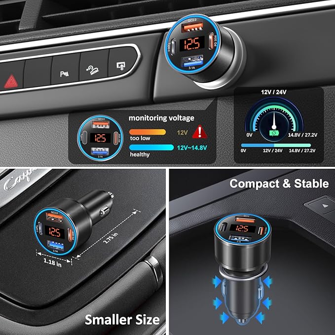 USB C Car Charger, 3 Pack 65W Multi Port Car Cigarette Lighter Adapter with 3 Pack 60W Retractable USB C Cable for iPhone 16e 16 15 Pro Max, Galaxy A16 A54 S25