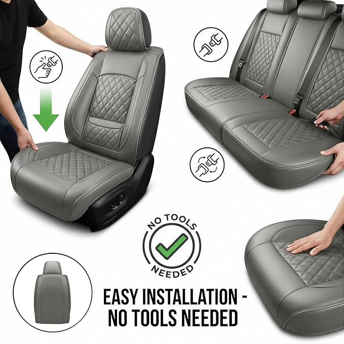 Fit Ioniq Car Seat Covers for Hyundai Ioniq 2017-2026 - Premium Leather, Waterproof, All-Weather, Airbag Compatible, Anti-Slip, Breathable, Easy Install, Seat Protectors, Full Set, Gray