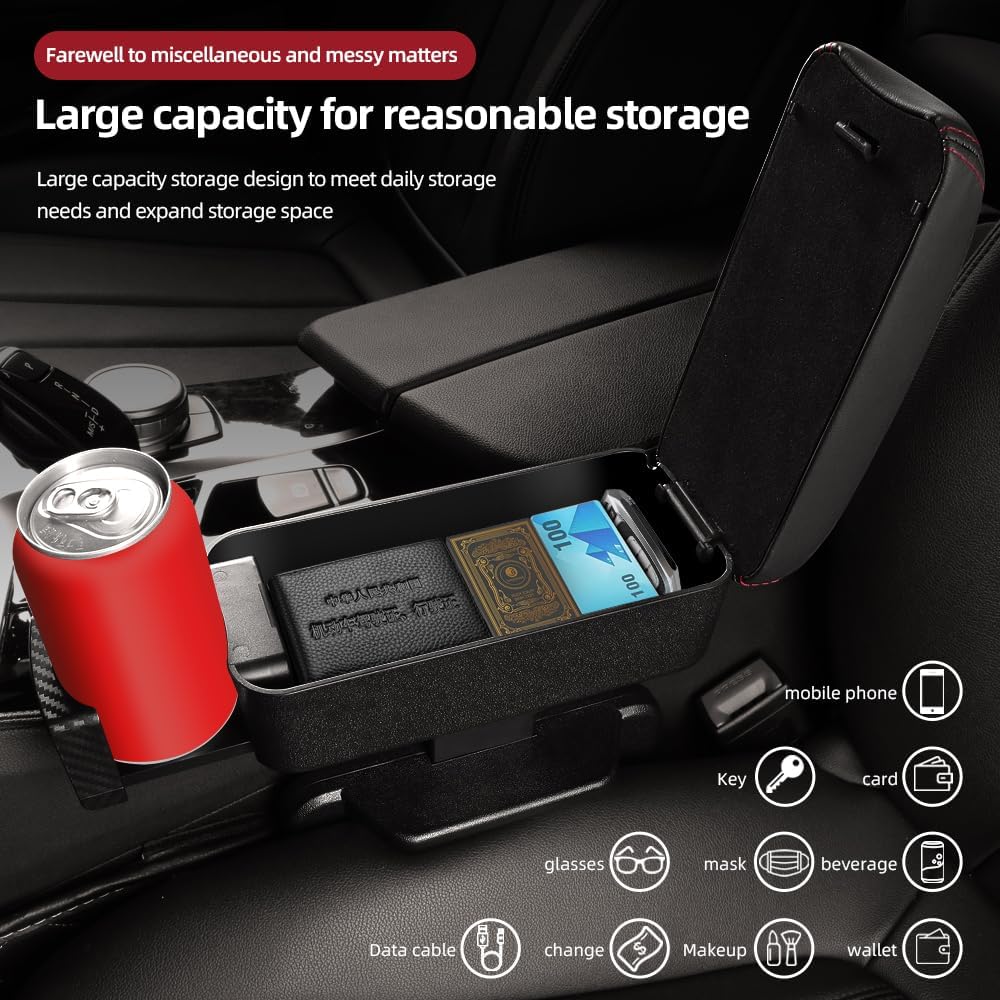 JEYODA Car Armrest Box with Cup Holder Car Central Liftable Armres Storage Organizer Box Arm Rest，Car Seat Gap Filler Organizer (Black red line)