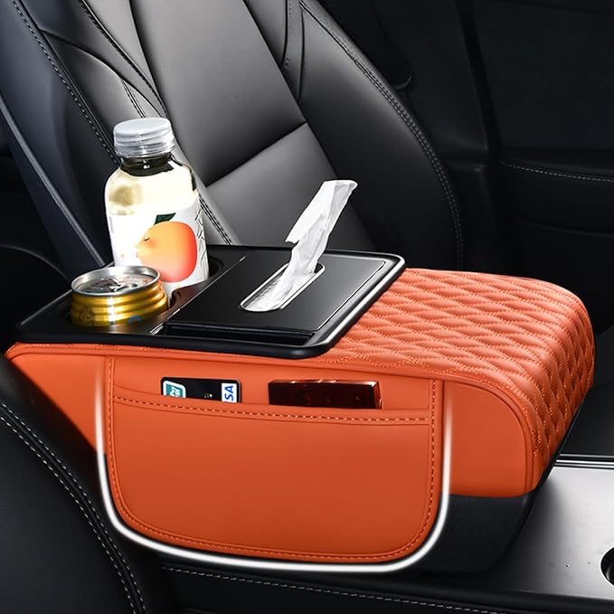 Car Center Console Armrest Pad, Arm Rest Box Cushion with Ergonomic Height Boost, Storage Pockets, Built-in Tissue Box, Cupholder, Fit for Most Sedan Vehicles (Embroidery Water Ripple, Black)