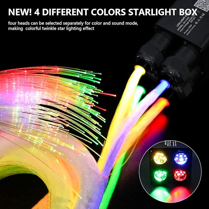 AMKI Updated 4Color Twinkle 36w Starlight Headliner Kits 600pcs 0.03in 9.8ft Fiber Optic Light Cable 4 Ports Starlight Box App/Remote Control Sound Mode for Car Home Ceiling Decoration